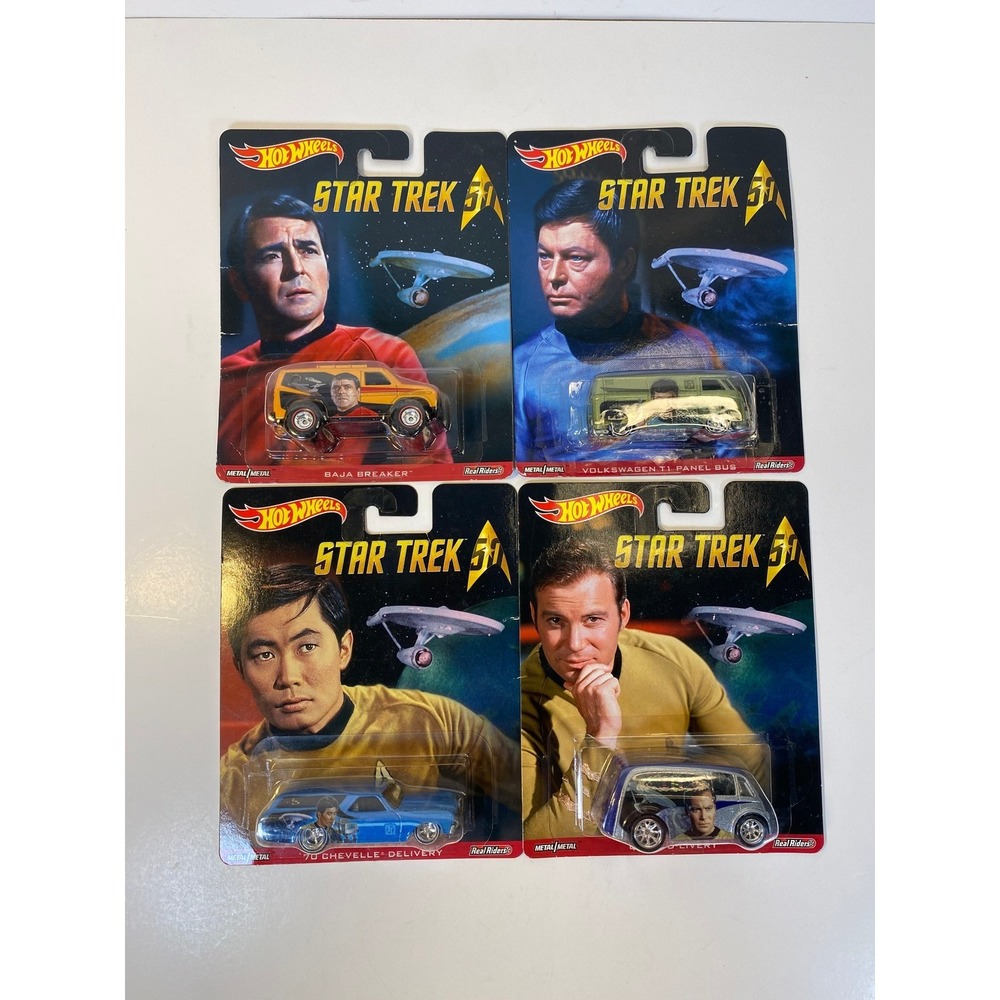 Hot Wheels Star Trek 50th Anniversary Real Riders Set of 4 Kirk Sulu Scotty